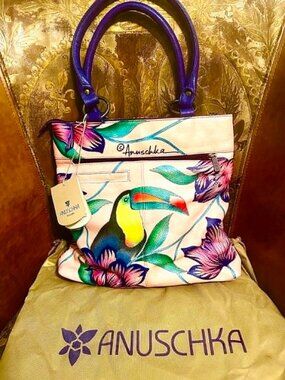 NWT ANUSCHKA Tropical Toucan One-of-A-Kind Hand Painted Leather Shopper Totebag